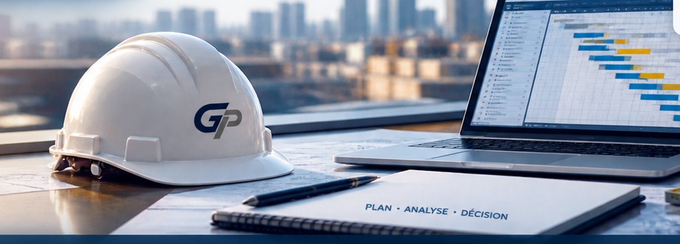 Casque Gestion PlaniMAG, ordinateur avec échéancier et plans de projet